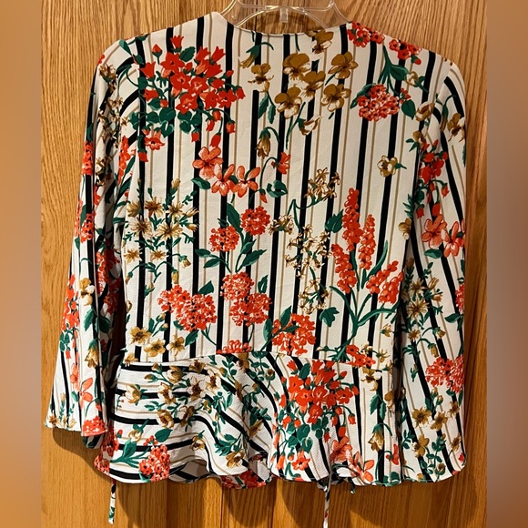 ZARA Striped Floral Print Wrap Crossover V-Neck Kimono Ruffle Top Blouse Small - Picture 11 of 11